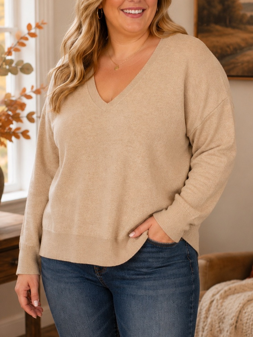 Old Navy SoSoft Lite XXL Oatmeal V-Neck Oversized Sweater Cotton Blend Fall